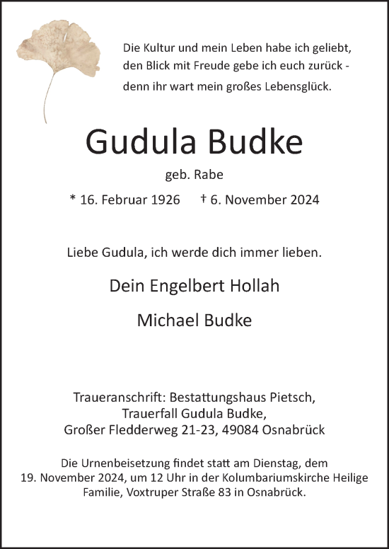 Traueranzeige von Gudula Budke von Neue Osnabrücker Zeitung GmbH & Co. KG