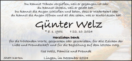 Traueranzeige von Günter Welz von Neue Osnabrücker Zeitung GmbH & Co. KG