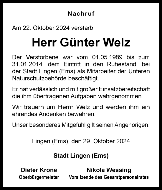 Traueranzeige von Günter Welz von Neue Osnabrücker Zeitung GmbH & Co. KG