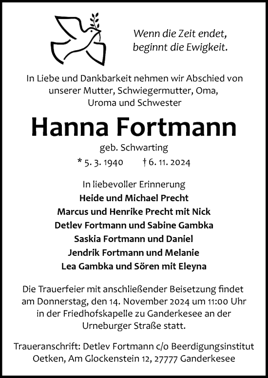 Traueranzeige von Hanna Fortmann von DK Medien GmbH & Co. KG