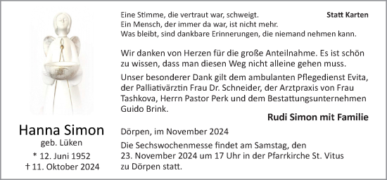 Traueranzeige von Hanna Simon von Neue Osnabrücker Zeitung GmbH & Co. KG