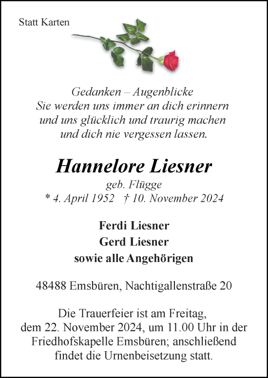 Traueranzeige von Hannelore Liesner von Neue Osnabrücker Zeitung GmbH & Co. KG