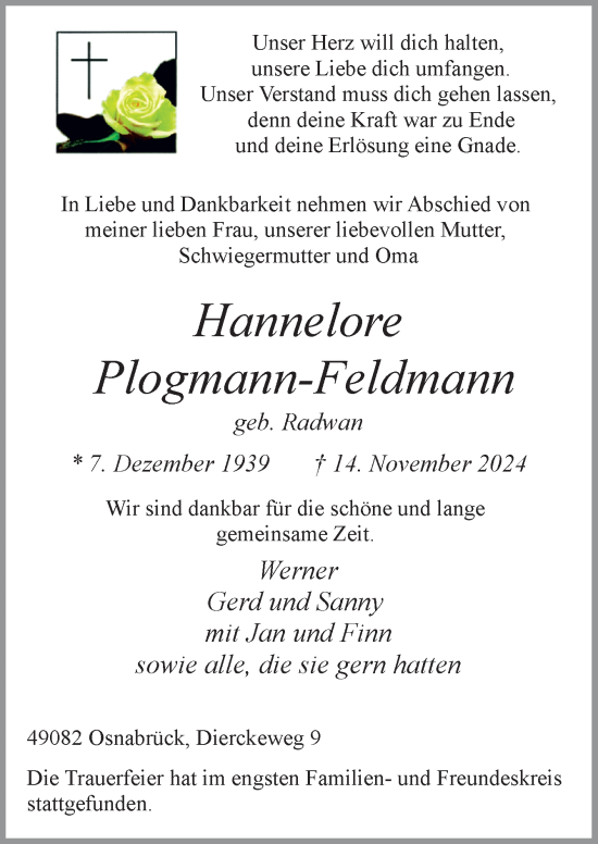 Traueranzeige von Hannelore Plogmann-Feldmann von Neue Osnabrücker Zeitung GmbH & Co. KG