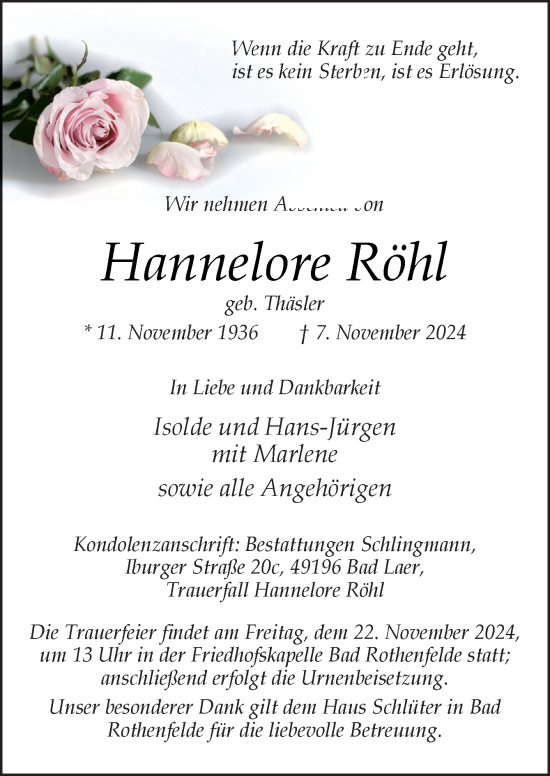 Traueranzeige von Hannelore Röhl von Neue Osnabrücker Zeitung GmbH & Co. KG