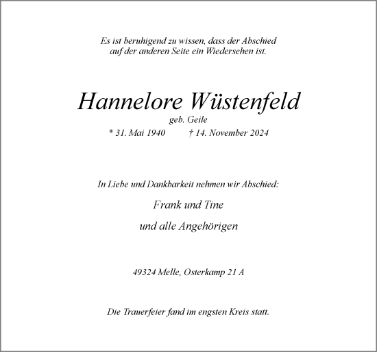 Traueranzeige von Hannelore Wüstenfeld von Neue Osnabrücker Zeitung GmbH & Co. KG