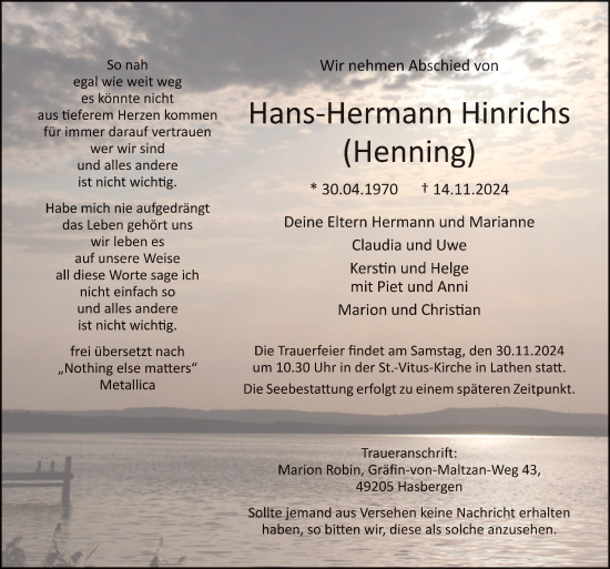 Traueranzeige von Hans-Hermann Hinrichs von Neue Osnabrücker Zeitung GmbH & Co. KG