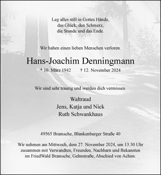 Traueranzeige von Hans-Joachim Denningmann von Neue Osnabrücker Zeitung GmbH & Co. KG