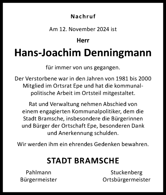 Traueranzeige von Hans-Joachim Denningmann von Neue Osnabrücker Zeitung GmbH & Co. KG