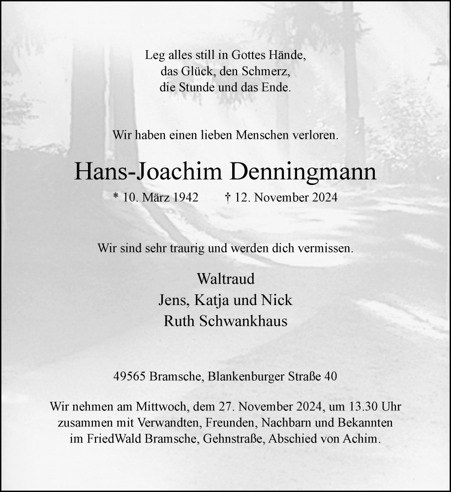  Traueranzeige für Hans-Joachim Denningmann vom 23.11.2024 aus Neue Osnabrücker Zeitung GmbH & Co. KG