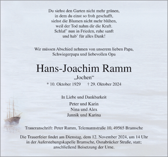 Traueranzeige von Hans-Joachim Ramm von Neue Osnabrücker Zeitung GmbH & Co. KG