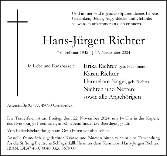 Traueranzeige von Hans-Jürgen Richter von Neue Osnabrücker Zeitung GmbH &amp; Co. KG