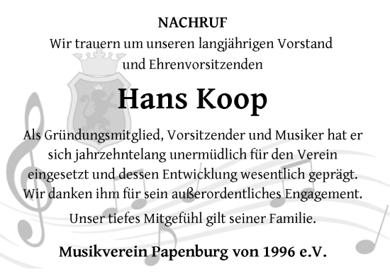 Traueranzeige von Hans Koop von Neue Osnabrücker Zeitung GmbH & Co. KG