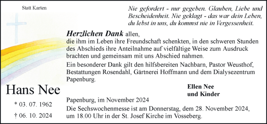 Traueranzeige von Hans Nee von Neue Osnabrücker Zeitung GmbH & Co. KG