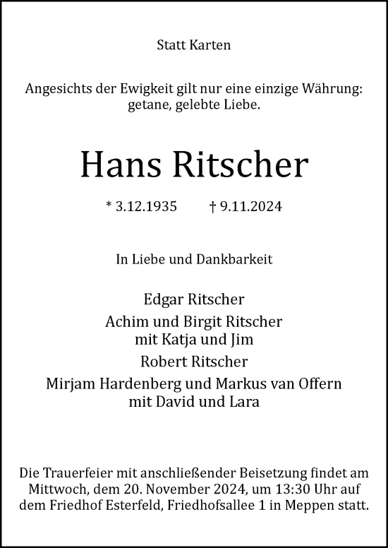 Traueranzeige von Hans Ritscher von Neue Osnabrücker Zeitung GmbH & Co. KG