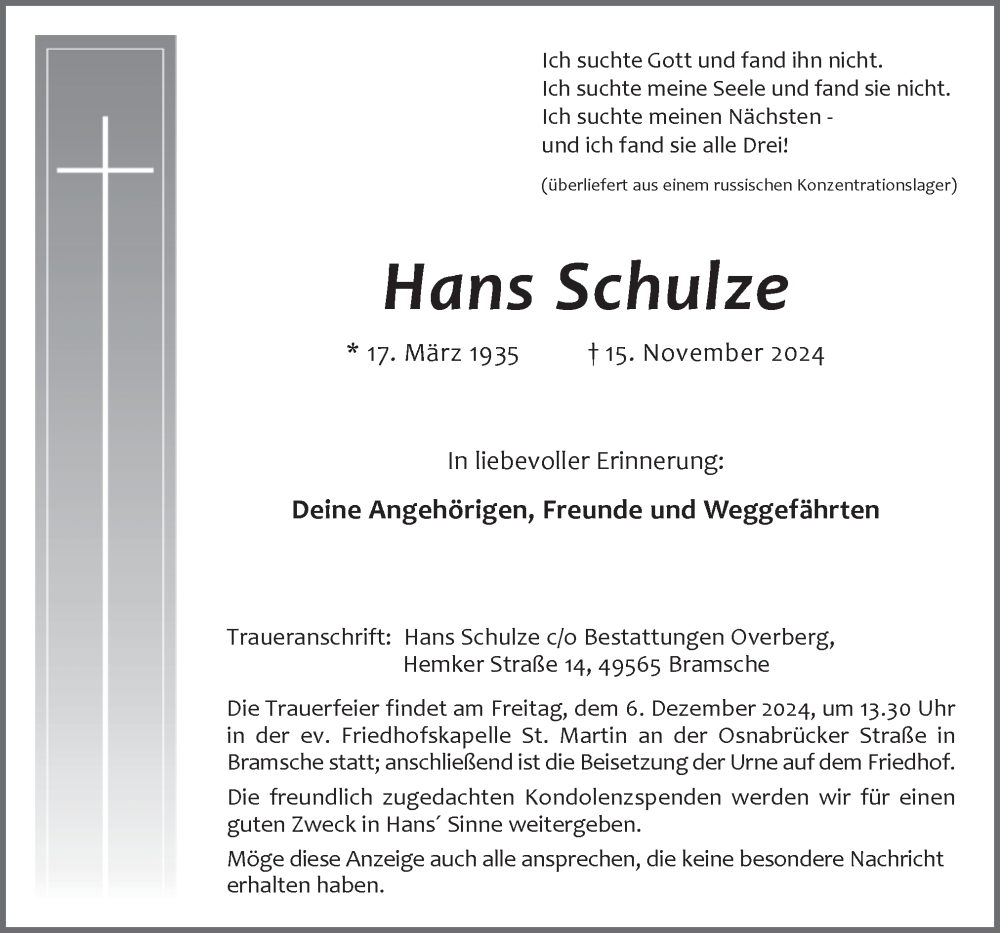  Traueranzeige für Hans Schulze vom 23.11.2024 aus Neue Osnabrücker Zeitung GmbH & Co. KG