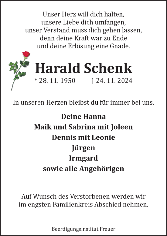 Traueranzeige von Harald Schenk von DK Medien GmbH & Co. KG