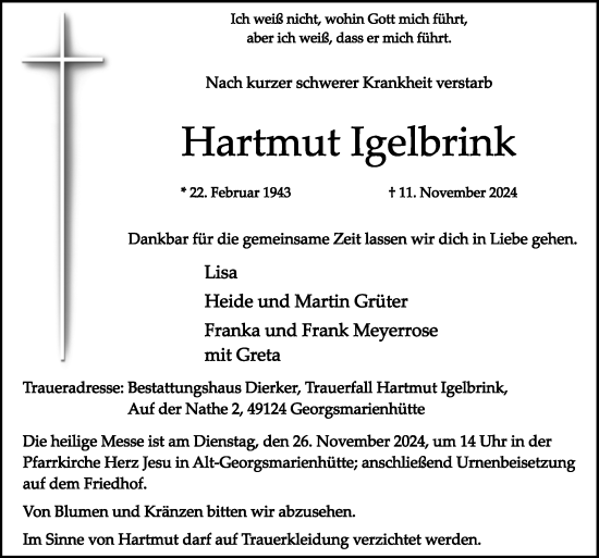 Traueranzeige von Hartmut Igelbrink von Neue Osnabrücker Zeitung GmbH & Co. KG