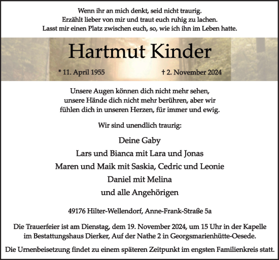 Traueranzeige von Hartmut Kinder von Neue Osnabrücker Zeitung GmbH & Co. KG