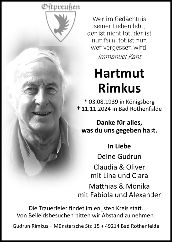 Traueranzeige von Hartmut Rimkus von Neue Osnabrücker Zeitung GmbH & Co. KG