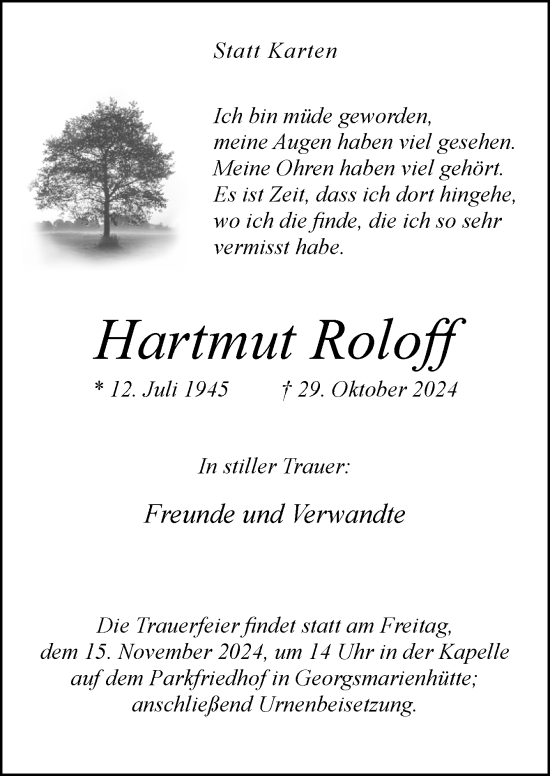 Traueranzeige von Hartmut Roloff von Neue Osnabrücker Zeitung GmbH & Co. KG