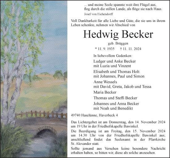 Traueranzeige von Hedwig Becker von Neue Osnabrücker Zeitung GmbH & Co. KG