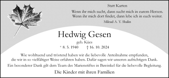 Traueranzeige von Hedwig Gesen von Neue Osnabrücker Zeitung GmbH & Co. KG