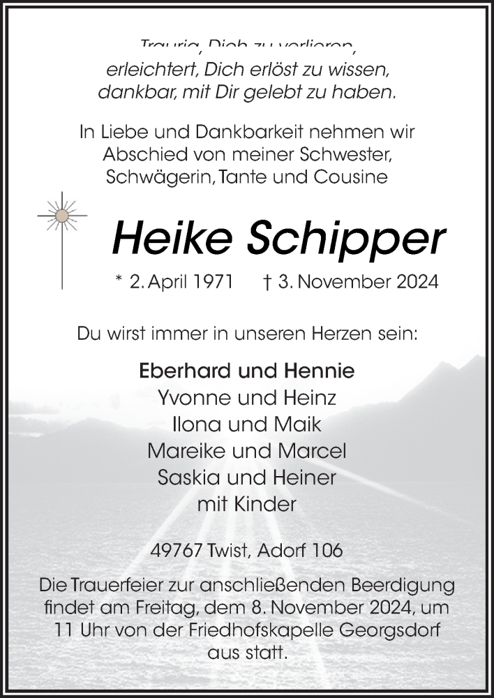  Traueranzeige für Heike Schipper vom 07.11.2024 aus Neue Osnabrücker Zeitung GmbH & Co. KG
