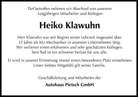 Traueranzeige von Heiko Klawuhn von Neue Osnabrücker Zeitung GmbH & Co. KG