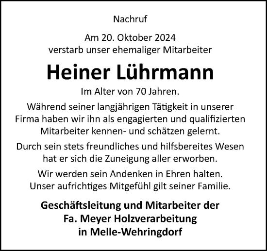 Traueranzeige von Heiner Lührmann von Neue Osnabrücker Zeitung GmbH & Co. KG