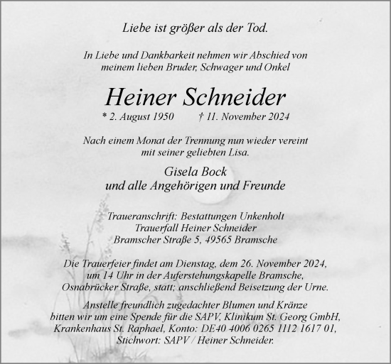 Traueranzeige von Heiner Schneider von Neue Osnabrücker Zeitung GmbH & Co. KG