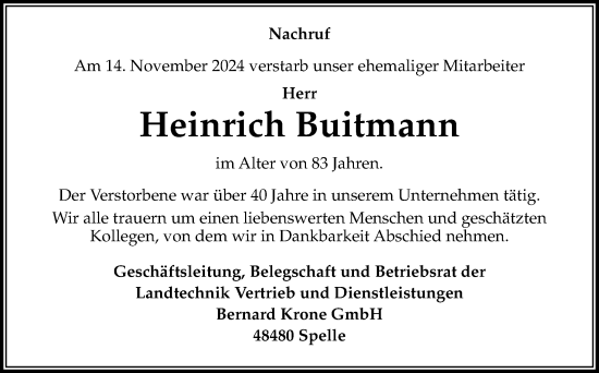 Traueranzeige von Heinrich Buitmann von Neue Osnabrücker Zeitung GmbH & Co. KG