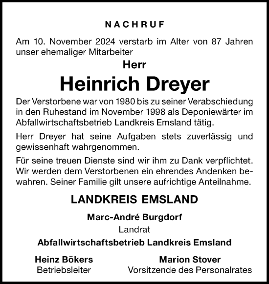 Traueranzeige von Heinrich Dreyer von Neue Osnabrücker Zeitung GmbH & Co. KG