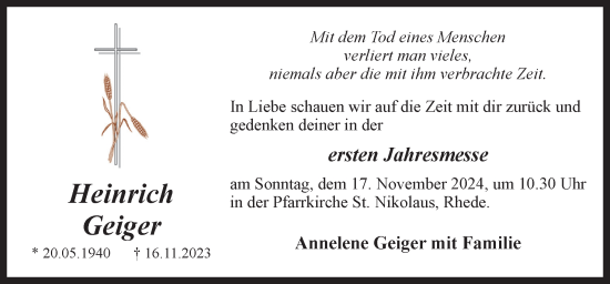 Traueranzeige von Heinrich Geiger von Neue Osnabrücker Zeitung GmbH & Co. KG