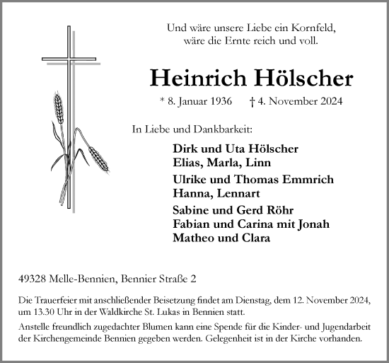 Traueranzeige von Heinrich Hölscher von Neue Osnabrücker Zeitung GmbH & Co. KG