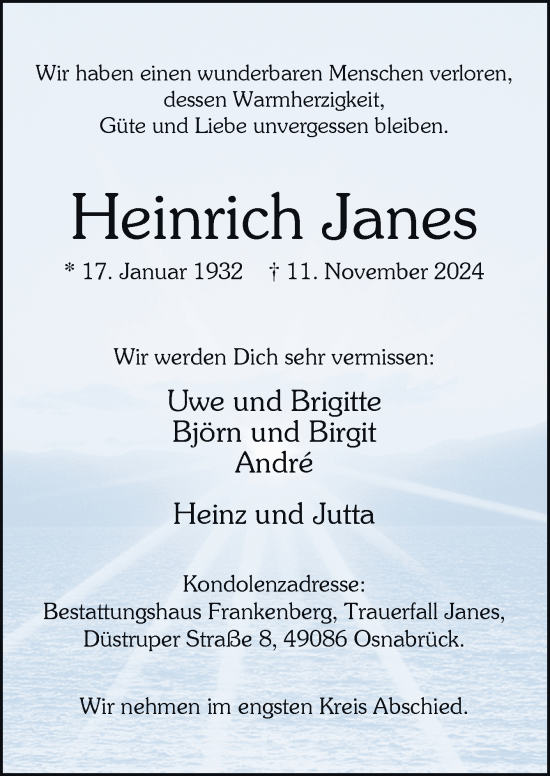 Traueranzeige von Heinrich Janes von Neue Osnabrücker Zeitung GmbH & Co. KG