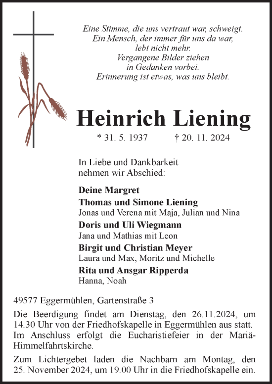 Traueranzeige von Heinrich Liening von Neue Osnabrücker Zeitung GmbH & Co. KG