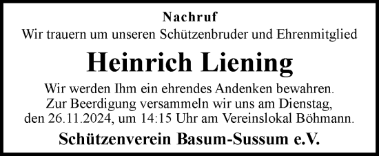 Traueranzeige von Heinrich Liening von Neue Osnabrücker Zeitung GmbH & Co. KG