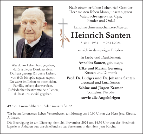 Traueranzeige von Heinrich Santen von Neue Osnabrücker Zeitung GmbH & Co. KG