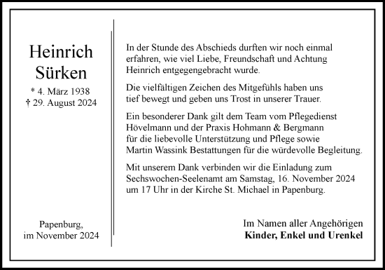 Traueranzeige von Heinrich Sürken von Neue Osnabrücker Zeitung GmbH & Co. KG