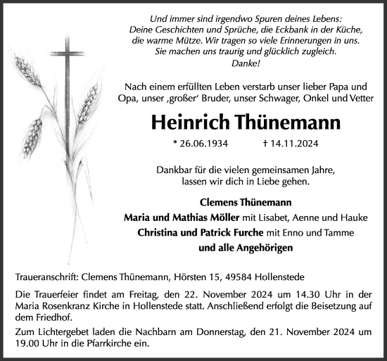 Traueranzeige von Heinrich Thünemann von Neue Osnabrücker Zeitung GmbH & Co. KG