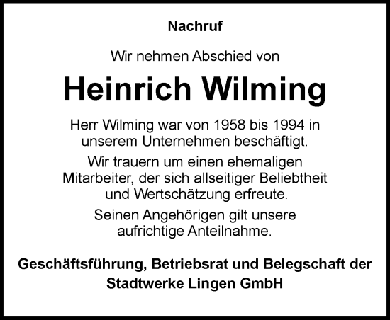 Traueranzeige von Heinrich Wilming von Neue Osnabrücker Zeitung GmbH & Co. KG