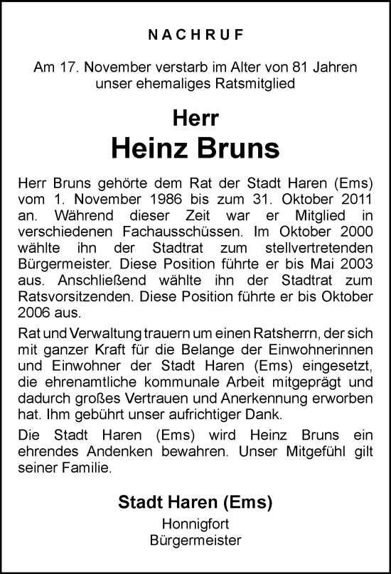 Traueranzeige von Heinz Bruns von Neue Osnabrücker Zeitung GmbH & Co. KG