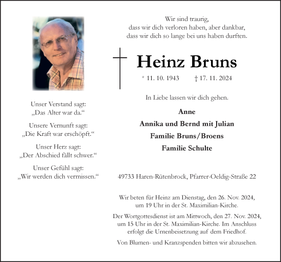 Traueranzeige von Heinz Bruns von Neue Osnabrücker Zeitung GmbH & Co. KG