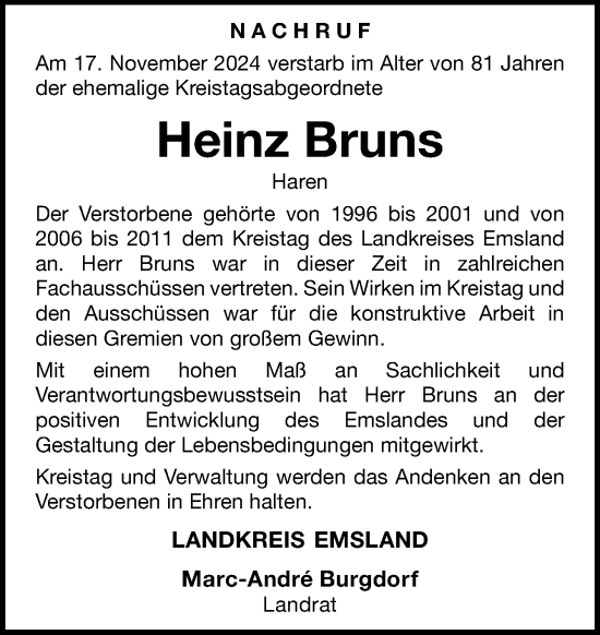 Traueranzeige von Heinz Bruns von Neue Osnabrücker Zeitung GmbH & Co. KG