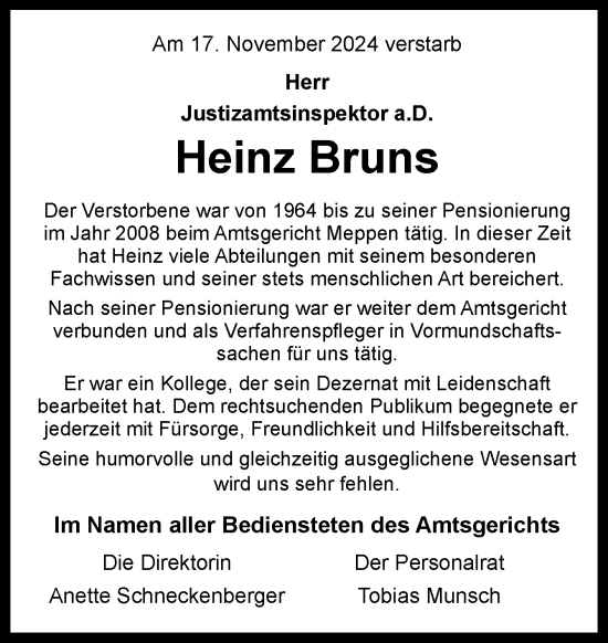 Traueranzeige von Heinz Bruns von Neue Osnabrücker Zeitung GmbH & Co. KG