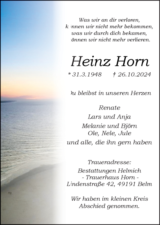 Traueranzeige von Heinz Horn von Neue Osnabrücker Zeitung GmbH & Co. KG