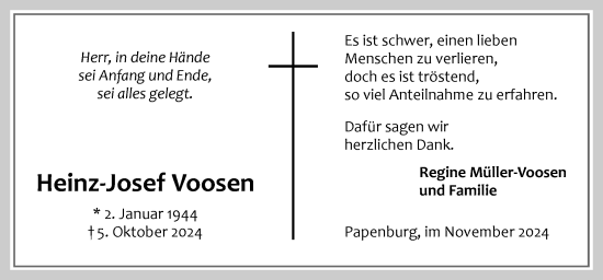 Traueranzeige von Heinz-Josef Voosen von Neue Osnabrücker Zeitung GmbH & Co. KG