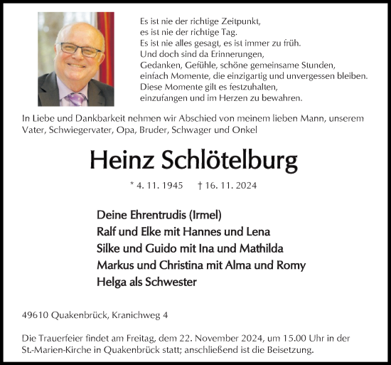 Traueranzeige von Heinz Schlötelburg von Neue Osnabrücker Zeitung GmbH &amp; Co. KG