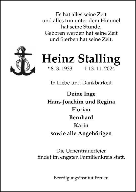 Traueranzeige von Heinz Stalling von DK Medien GmbH & Co. KG