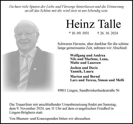 Traueranzeige von Heinz Talle von Neue Osnabrücker Zeitung GmbH & Co. KG